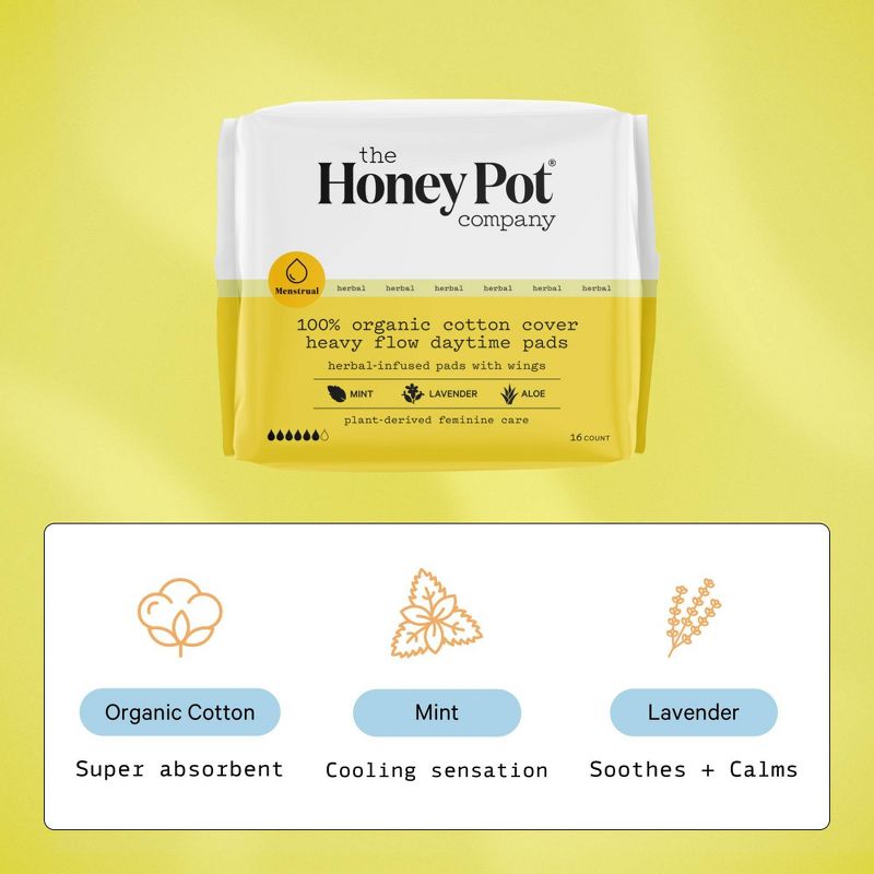 The Honey Pot Company, Herbal Daytime Heavy Flow Pads with Wings, Organic Cotton Cover - 16ct, 5 of 16