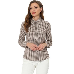 Allegra K Women's Turn Down Collar Plaid Button Up Long Sleeve Shirt - 1 of 4