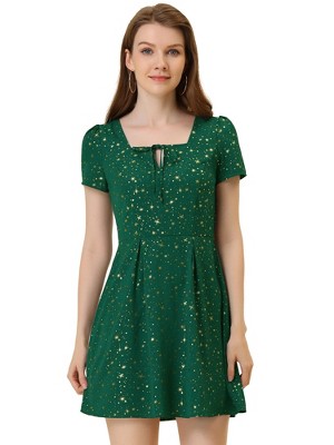 Allegra K Women's Printed Summer Casual Square Neck Short Sleeve Fit and Flare Dress
