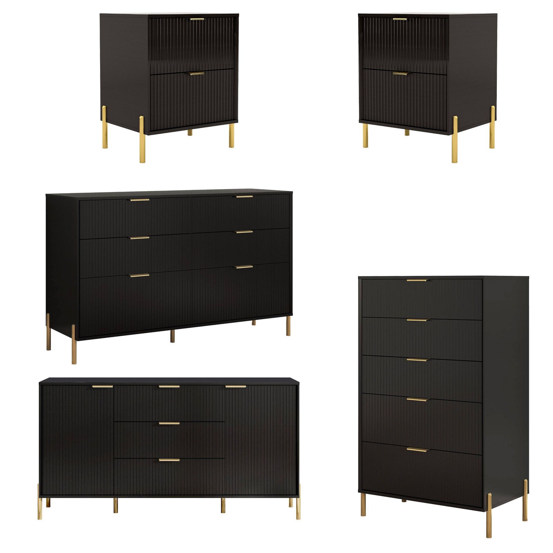 Festivo 5pc Modern Elegance Bedremm Chest and 2 Dressers and 2 Drawer Nightstands Set Black