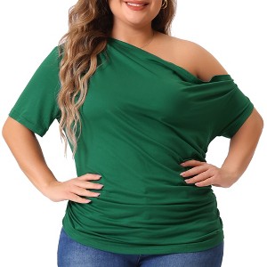 Agnes Orinda Women's Plus Size One Shoulder Short Sleeve Ruched Solid Casual Blouses - 1 of 4