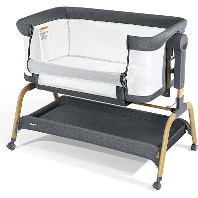 3-in-1 Baby Bassinet & Bedside Sleeper, Rocking Mode, 6 Height Adjustments, Breathable Mesh,Portable Folding Crib with Wheels & Storage Basket