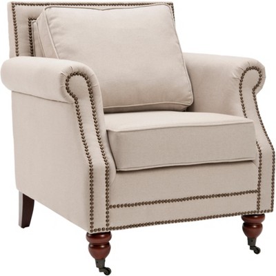Beige Linen Arm Chair with Dark Cherry Wood Legs