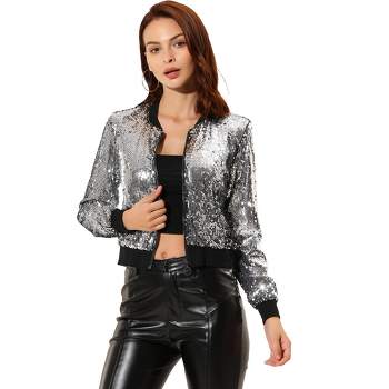 Allegra K Women's Sequin Long Sleeve Glitter Shiny Party Bomber Jacket