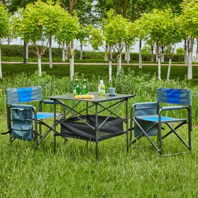 VisioGear Folding Chair, 3-Piece Folding Outdoor Chairs Set with 1 Table, Camping Chair for Picnics, Backyard, Black & Blue, 21.7"*16.9"*29.5"