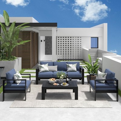 Heynemo Aluminum Patio Furniture Set, 4 Pcs Modern Outdoor Conversation Set with Cushion and Coffee Table