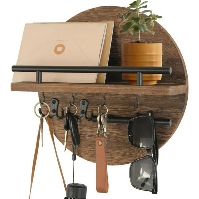 LunaLulinlk Key Holder for Wall Decorative with Shelf and Hooks, Wood Round Wall Mount with Holder, Entryway Key Rack Hanger, Brown