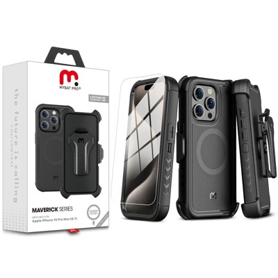 MyBat Pro Maverick Series MagSafe Case w/ Holster and Tempered Glass for Apple iPhone 15 Pro Max (6.7) - Grey