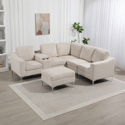 95.67" Convertible Corduroy Modular Sectional Sofa with Storage Ottoman, Console and USB Ports