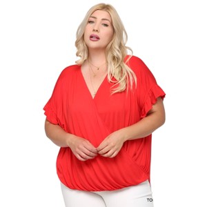 Slickblue Women's Plus Size Ruffle Sleeve Surplice Top, Viscose Knit Blouse, Stretchy Fit, Royal Blue/Tomato, XL-2XL - 1 of 4
