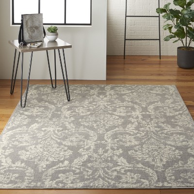Gray and Ivory Damask 5'3" x 7'3" Synthetic Area Rug
