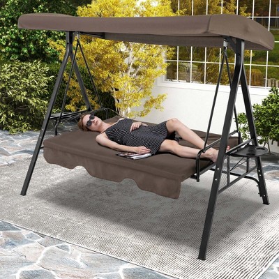 Brown Metal Outdoor 3-Seat Swing with Adjustable Canopy and Cushions