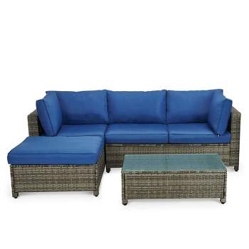 Edyo Living Outdoor 3-Piece Gray Wicker Modular Patio Furniture Sectional Couch Seating Set with Coffee Accent Table, Blue Cushions