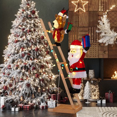Costway 5.5 FT Lighted Reindeer & Santa Claus on Ladder with 100 LED Lights, Zip Ties