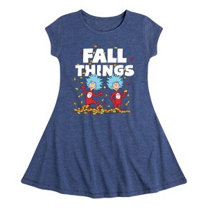 Girls' - Dr. Seuss - Fall Things Thing 1 and Thing 2 Fit & Flair Cap Sleeve Graphic Dress - 1 of 4