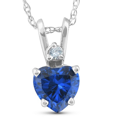 Pompeii3 Diamond & Simulated Blue Sapphire Heart Shape Pendant Necklace 14K White Gold