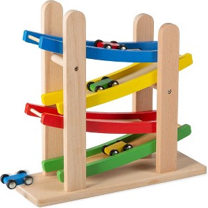 4 Level Toy Wooden Car Roller Ramp - Wooden Race Track Car Ramp Racer With 4 Wooden Cars - Toddler Race Car Ramp - Play22Usa - 1 of 4