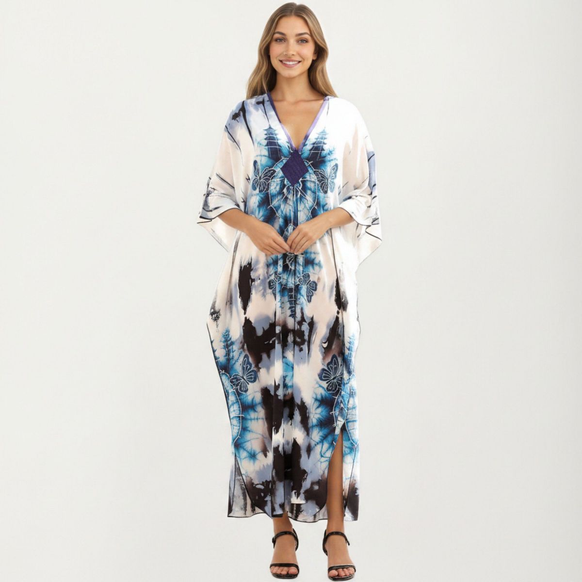 Anna-Kaci Women's Tie Dye Medallion Kaftan Maxi Dress with V-Neckline and Relaxed Flowy Silhouette - thumbnail 7