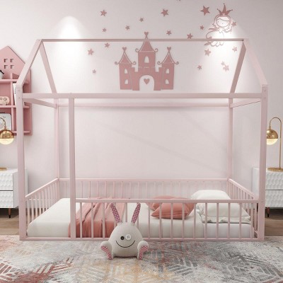 Streamdale Twin Size Metal Bed House Bed Frame with Fence, for Kids, Teens, Girls, Boys, Pink