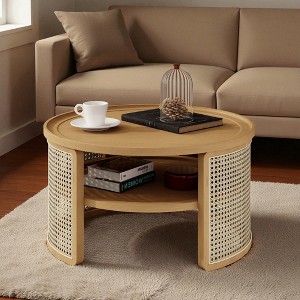 Mshliw 2-Tier Round Wood Coffee Table with Rattan Base, Boho Style Storage Display Table, Dining Table, Natural Timber Accent 31.3 Inch - 1 of 4