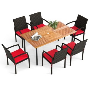 Tangkula 7- Piece Patio Dining Furniture Set Acacia Wood and Wicker Dining Table Armchairs Navy/Red/White/Turquoise - 1 of 4