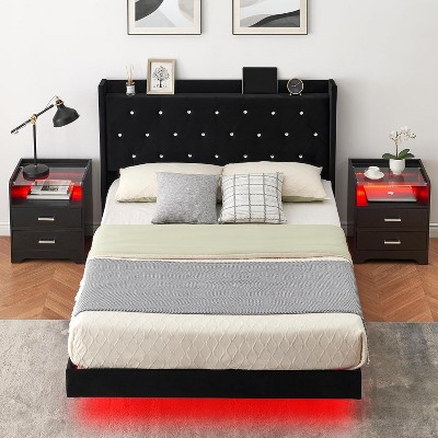 Full Size Bed Frame with Headboard and LED Lights, Black Floating Bed Frame with Wooden Slats Support, Fully Upholstered Mattress Foundation, Black