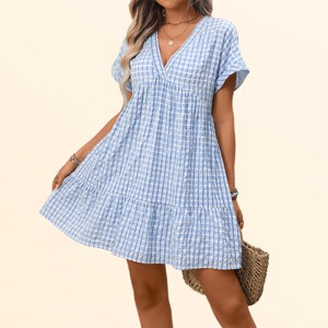 Clearlove Summer Dresses for Women Plaid Gingham V Neck Short Sleeve Mini  Dress Casual Loose Babydoll Sundress Tiered Flowy Beach Dress, light blue-S  : Target