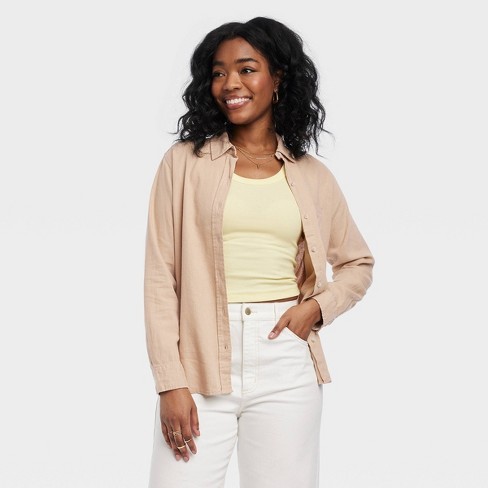 Women's Linen Long Sleeve Collared Button-down Shirt - Universal Thread™  Tan Xs : Target