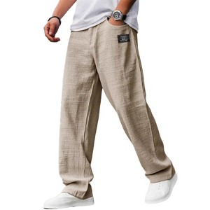 Men's Linen Wide Leg Pants - Casual Drawstring Waist Loose Fit Trousers  Khaki M : Target