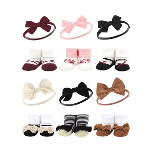 Hudson Baby Infant Girl 12Pc Headband and Socks Giftset, Burgundy Black Black Stripe Neutrals, One Size - 1 of 3
