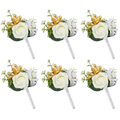 Wikineon White Boutonniere for Grooms Men:Pocket Boutonniere Rose Bouquet Set of 6 Boutonniere Bulk with Pins Groomsmen Boutonniere for Wedding