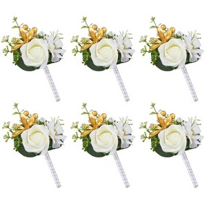 Wikineon White Boutonniere for Grooms Men:Pocket Boutonniere Rose Bouquet Set of 6 Boutonniere Bulk with Pins Groomsmen Boutonniere for Wedding - 1 of 4