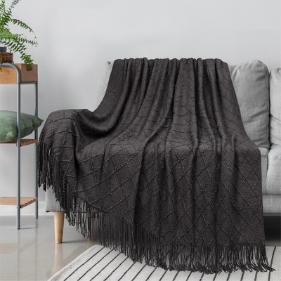 Charcoal Gray Knitted Fringe Throw Blanket for Couch