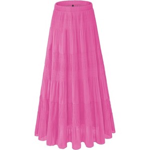 Women's 2025 Boho Chiffon Maxi Skirt - Flowy Pleated A-Line Long Skirt with Elastic Waist Hot Pink1 - 1 of 4