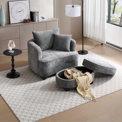 Chenille Accent Chair with Storage Ottoman, Upholstered Armchair Reaging Chair Barrel Chair - ModernLuxe