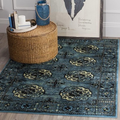 Vintage Blue and Multicolor High Pile Synthetic Area Rug, 4' x 6'