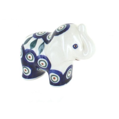 Blue Rose Polish Pottery Peacock Elephant Figurine