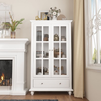 FUFU&GAGA White Buffet Lacquer Sideboard Storage Cabinet Glass Doors