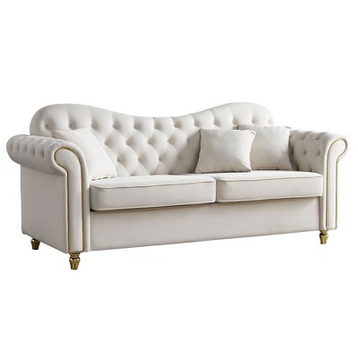NicBex 82.68 Inch Mid-Century Modern Velvet Couch Loveseat Sofa with 3 Throw Pillows for Living Room,Apartment,Bedroom,Beige