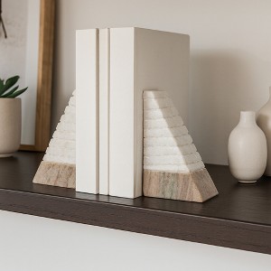 Decorative Two Tone Pyramid Marble Bookends - Versatile Decor Accent for Home, Office, Desk Decor, and Home Library - Set of 2 - 1 of 4
