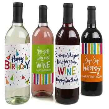 Big Dot of Happiness Cheerful Happy Birthday - Colorful Birthday Party Decorations for Women and Men - Wine Bottle Label Stickers - Set of 4