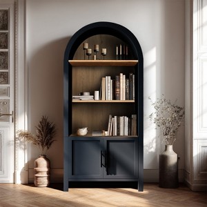 Vatros Mid-Century 3-Tier Arched Cabinet with Door, Arched Bookshelf Cabinet with Open Display Storage Shelf - 1 of 4