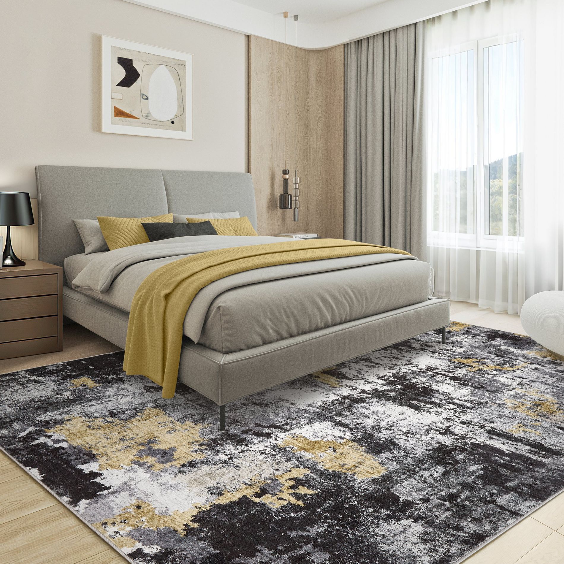 8x10 Ft Abstract Rug Black and Gold Non Slip Faux Wool Low Pile Washable for Home Decor