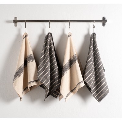 Set of 4 Black and Natural Cotton Striped Kitchen Towels