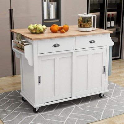 PDTEND 52.2" Kitchen Island with Rubber Wood Drop-Leaf Countertop, Sliding Barn Door, Adjustable Height, 4 Wheels, Storage Cabinet & 2 Drawers