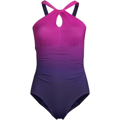 Lands' End Womens Chlorine Resistant One Shoulder Cut Out One Piece Swimsuit  Control Electric Blue/Violet Rose Regular 16 at  Women's Clothing  store