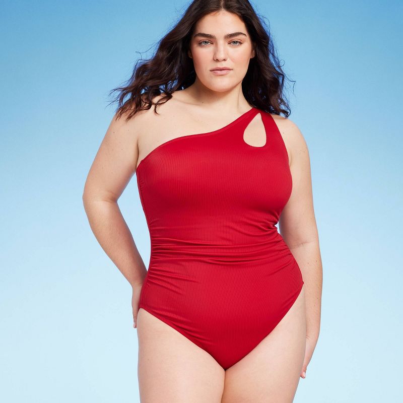 Women's One Shoulder Asymmetrical Cut Out One Piece Swimsuit - Shade & Shore™ Berry Red, 1 of 6