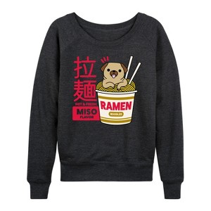 Women's - Instant Message - Ramen Pug Lightweight French Terry Wide Neck Long Sleeve Graphic Shirt - 1 of 4