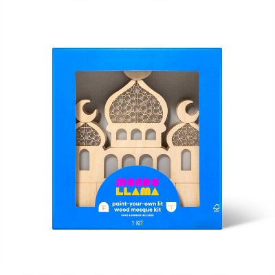 wooden mosque with paints and two paintbrushes