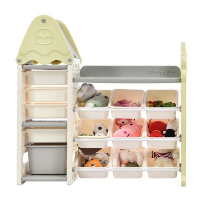 SEVOBAL Utility Storage Bins 17-Bin Kids Bookshelf, Functional Nursery Furniture with HDPE Bins, 5 Shelves, Hanging Rack, Gray, 38.15"*17"*15.07"